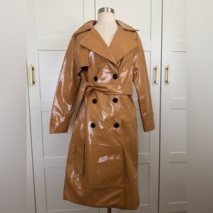 Forever Audrey tan rain coat vinyl trench coat with waist tie